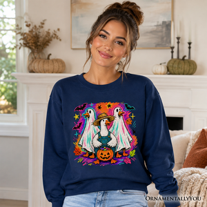 Trick or Treat Geese Sweatshirt, Colorful Halloween Ghost Costume Sweater — view 4
