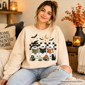 Bookish Ghosts Reading Sweatshirt, Checkered Halloween Witch Cat Sweater — view 4
