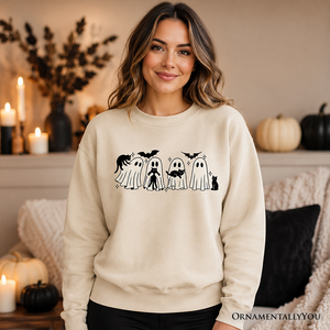 Ghosts and Cats Spooky Sweatshirt, Whimsical Halloween Sweater for Cozy Autumn Season — view 4