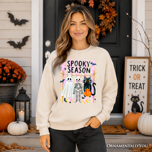 Spooky Season Ghost Skeleton Cat Sweatshirt, Colorful Halloween Costume Sweater — view 4