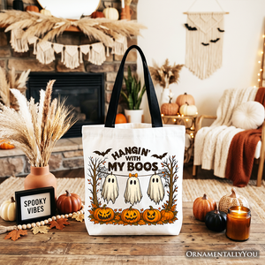 Boho Spooky Season Ghost Tote Bag, Cute Halloween Gift Shopper with Fall Pumpkins — view 4