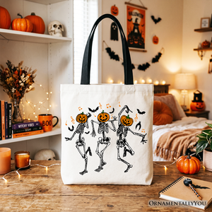 Dancing Skeletons with Pumpkin Head Tote Bag, Dry Bones Come Alive Halloween Fun Gift Shopper — view 4
