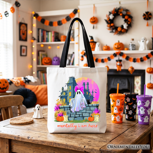 Mentally I Am Here Ghost Tote Bag, Pink Bow Haunted House Halloween Gift Shopper — view 4