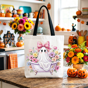 Pink Bow Bathtub Ghost Tote Bag, Floral Coquette Halloween Gift Shopper — view 4