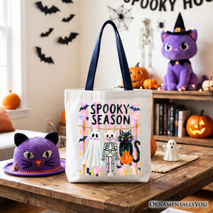 Spooky Season Ghost Skeleton Cat Tote Bag, Colorful Halloween Costume Gift Shopper — view 4