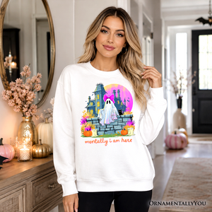 Mentally I Am Here Ghost Sweatshirt, Pink Bow Haunted House Halloween Sweater — view 4