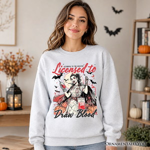 Licensed to Draw Blood Halloween Nurse Sweatshirt, Groovy Sweater for Spooky Season — view 5