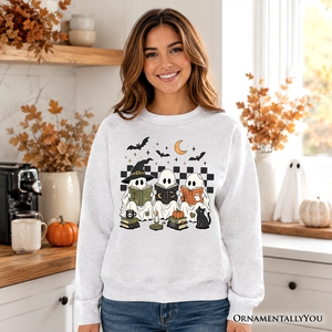 Bookish Ghosts Reading Sweatshirt, Checkered Halloween Witch Cat Sweater — view 5