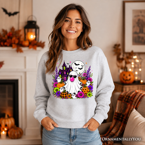 Bubblegum Ghost Haunted House Sweatshirt, Colorful Floral Halloween Pumpkin Sweater — view 5