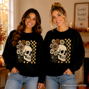 Checkered Floral Skeleton Sweatshirt, Vintage Skull Daisy Halloween Sweater — view 5