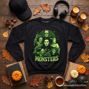 Green Retro Monsters Sweatshirt, Vintage Classic Horror Halloween Sweater — view 6