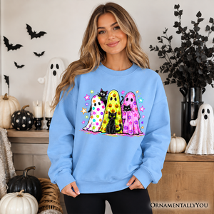 Colorful Ghosts and Black Cats Sweatshirt, Neon Halloween Spooky Season Sweater — view 5