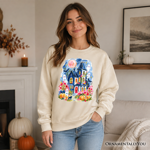 Watercolor Haunted House Sweatshirt, Colorful Ghost Pumpkin Halloween Sweater — view 5