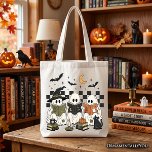 Bookish Ghosts Reading Tote Bag, Checkered Halloween Witch Cat Gift Shopper — view 5