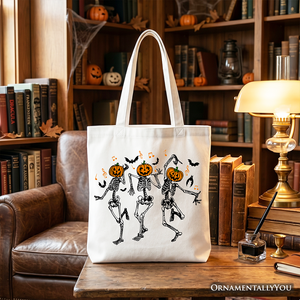 Dancing Skeletons with Pumpkin Head Tote Bag, Dry Bones Come Alive Halloween Fun Gift Shopper — view 5