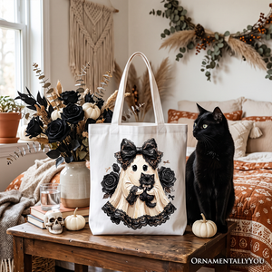 Gothic Ghost with Black Cat Tote Bag, Black Rose Coquette Halloween Gift Shopper — view 5