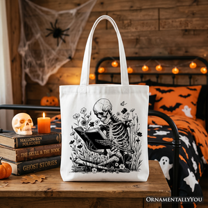 Gothic Reading Skeleton Tote Bag, Floral Halloween Gift Shopper for Spooky Bookworms — view 5