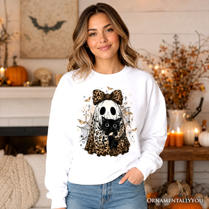 Leopard Bow Ghost with Black Cat Sweatshirt, Spooky Halloween Spider Web Sweater — view 5