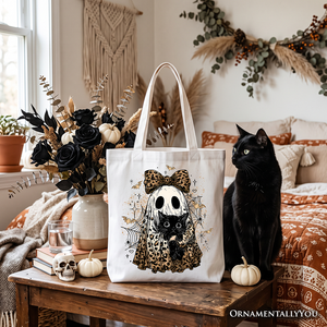 Leopard Bow Ghost with Black Cat Tote Bag, Spooky Halloween Spider Web Gift Shopper — view 5