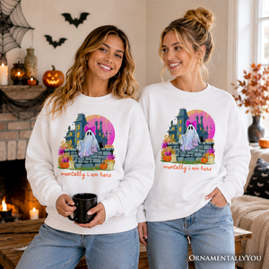 Mentally I Am Here Ghost Sweatshirt, Pink Bow Haunted House Halloween Sweater — view 5