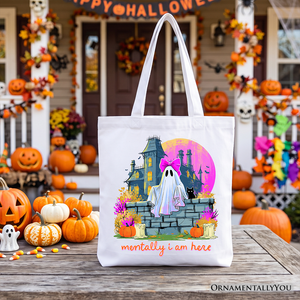 Mentally I Am Here Ghost Tote Bag, Pink Bow Haunted House Halloween Gift Shopper — view 5