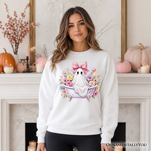 Pink Bow Bathtub Ghost Sweatshirt, Floral Coquette Halloween Sweater — view 5