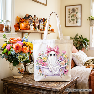 Pink Bow Bathtub Ghost Tote Bag, Floral Coquette Halloween Gift Shopper — view 5