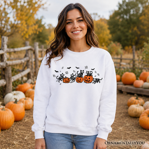 Skeleton Cats and Pumpkins Sweatshirt, Spooky Halloween Black Cat Sweater — view 5