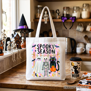 Spooky Season Ghost Skeleton Cat Tote Bag, Colorful Halloween Costume Gift Shopper — view 5