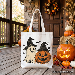 Witch Hat Ghost and Pumpkin Tote Bag, Vintage Halloween Jack O’ Lantern Gift Shopper — view 5