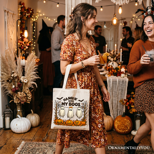 Boho Spooky Season Ghost Tote Bag, Cute Halloween Gift Shopper with Fall Pumpkins — view 6
