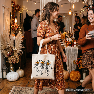 Dancing Skeletons with Pumpkin Head Tote Bag, Dry Bones Come Alive Halloween Fun Gift Shopper — view 6
