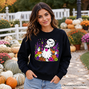 Bubblegum Ghost Haunted House Sweatshirt, Colorful Floral Halloween Pumpkin Sweater — view 6