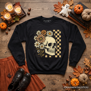 Checkered Floral Skeleton Sweatshirt, Vintage Skull Daisy Halloween Sweater — view 6