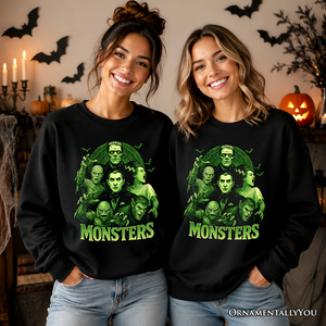 Green Retro Monsters Sweatshirt, Vintage Classic Horror Halloween Sweater — view 5