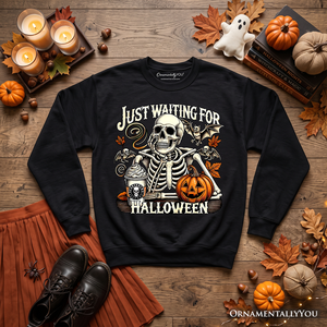 Just Waiting for Halloween Sweatshirt, Spooky Skeleton Sweater for Autumn Season — view 6