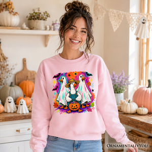 Trick or Treat Geese Sweatshirt, Colorful Halloween Ghost Costume Sweater — view 6