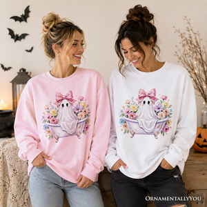 Pink Bow Bathtub Ghost Sweatshirt, Floral Coquette Halloween Sweater — view 6