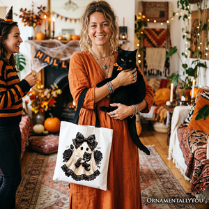 Gothic Ghost with Black Cat Tote Bag, Black Rose Coquette Halloween Gift Shopper — view 6