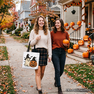 Witch Hat Ghost and Pumpkin Tote Bag, Vintage Halloween Jack O’ Lantern Gift Shopper — view 6