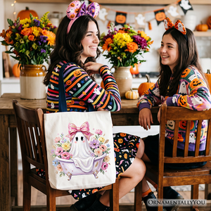 Pink Bow Bathtub Ghost Tote Bag, Floral Coquette Halloween Gift Shopper — view 6