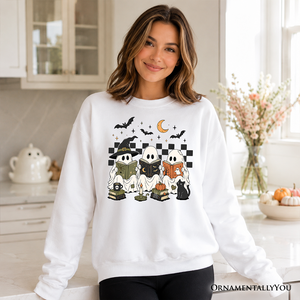Bookish Ghosts Reading Sweatshirt, Checkered Halloween Witch Cat Sweater — view 6