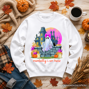 Mentally I Am Here Ghost Sweatshirt, Pink Bow Haunted House Halloween Sweater — view 6