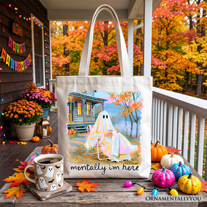 Mentally I’m Here Ghost Tote Bag, Cozy Fall Halloween Cabin Gift Shopper — view 6