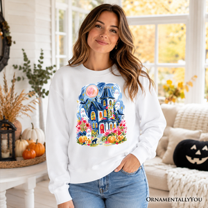 Watercolor Haunted House Sweatshirt, Colorful Ghost Pumpkin Halloween Sweater — view 6