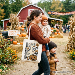 Boho Goose Halloween Pumpkin Tote Bag, Spooky Fall Floral Gift Shopper — view 7