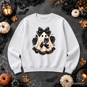 Gothic Ghost with Black Cat Sweatshirt, Black Rose Coquette Halloween Sweater — view 7
