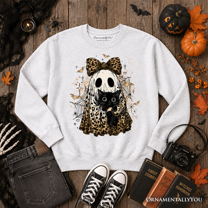Leopard Bow Ghost with Black Cat Sweatshirt, Spooky Halloween Spider Web Sweater — view 7