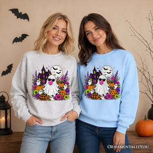 Bubblegum Ghost Haunted House Sweatshirt, Colorful Floral Halloween Pumpkin Sweater — view 7