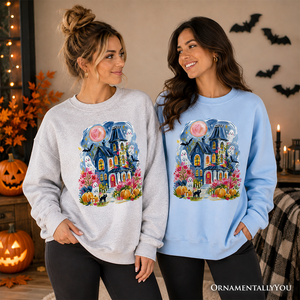 Watercolor Haunted House Sweatshirt, Colorful Ghost Pumpkin Halloween Sweater — view 7